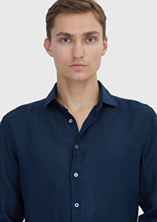 Lacivert Düz Casual Fit Dokuma Casual %100 Keten Gömlek