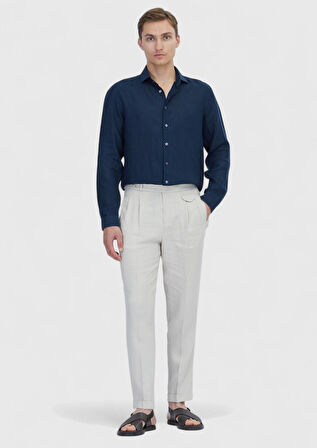 Lacivert Düz Casual Fit Dokuma Casual %100 Keten Gömlek