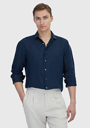 Lacivert Düz Casual Fit Dokuma Casual %100 Keten Gömlek