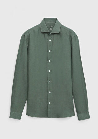 Haki Düz Casual Fit Dokuma Casual %100 Keten Gömlek