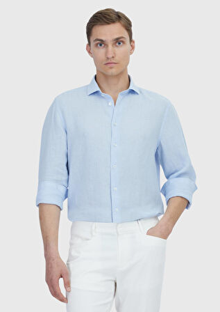 Mavi Düz Casual Fit Dokuma Casual %100 Keten Gömlek
