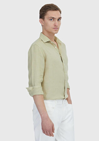 Açık Yeşil Düz Casual Fit Dokuma Casual %100 Keten Gömlek