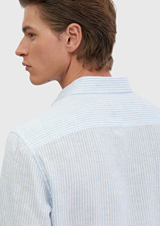 Mavi Çizgili Casual Fit Dokuma Casual %100 Keten Gömlek