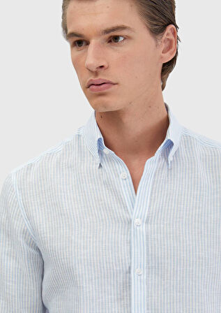 Mavi Çizgili Casual Fit Dokuma Casual %100 Keten Gömlek