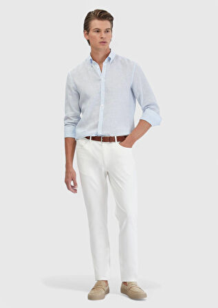 Mavi Çizgili Casual Fit Dokuma Casual %100 Keten Gömlek