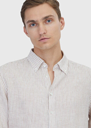 Kiremit Çizgili Casual Fit Dokuma Casual %100 Keten Gömlek
