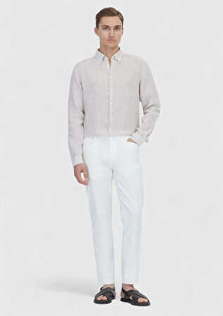 Kiremit Çizgili Casual Fit Dokuma Casual %100 Keten Gömlek