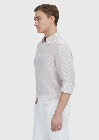 Kiremit Çizgili Casual Fit Dokuma Casual %100 Keten Gömlek