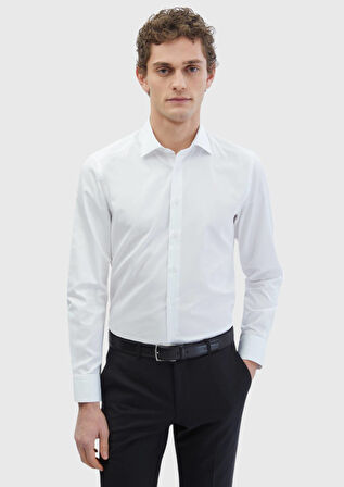 Beyaz Düz Slim Fit Dokuma Klasik %100 Pamuk Gömlek