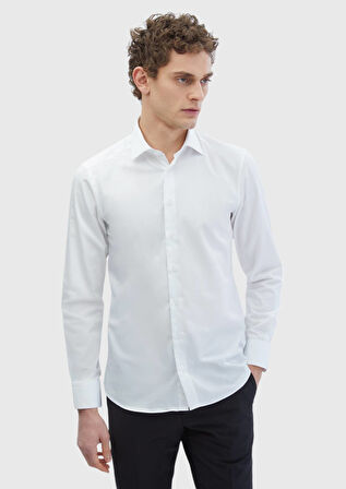 Beyaz Düz Slim Fit Dokuma Klasik %100 Pamuk Gömlek