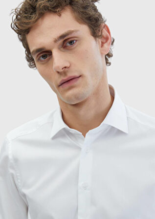 Beyaz Düz Slim Fit Dokuma Klasik %100 Pamuk Gömlek
