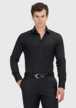 Siyah Düz Slim Fit Dokuma Klasik %100 Pamuk Gömlek