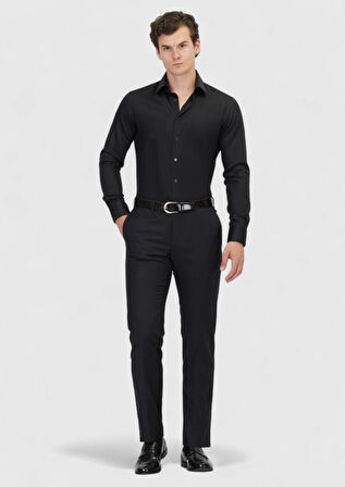 Siyah Düz Slim Fit Dokuma Klasik %100 Pamuk Gömlek