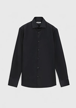 Siyah Düz Slim Fit Dokuma Klasik %100 Pamuk Gömlek