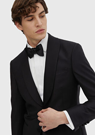 Siyah Düz Modern Fit Kelebek Yaka Dokuma Smokin Takım Elbise