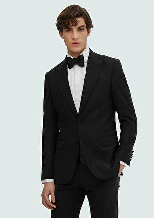 Siyah Düz Thin&taller Slim Fit Kruvaze Yaka Dokuma Smokin Takım Elbise