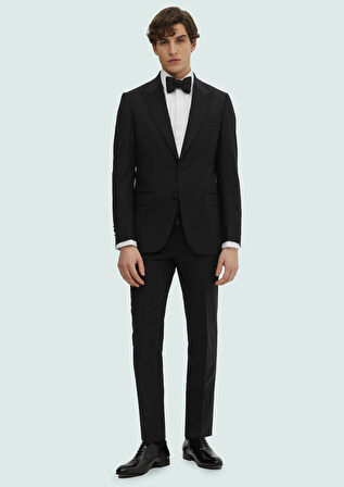 Siyah Düz Thin&taller Slim Fit Kruvaze Yaka Dokuma Smokin Takım Elbise