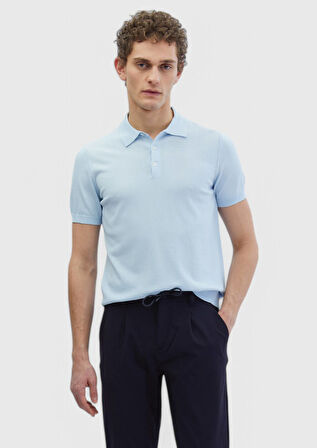 Açık Mavi Polo Yaka Düz Örgü Triko