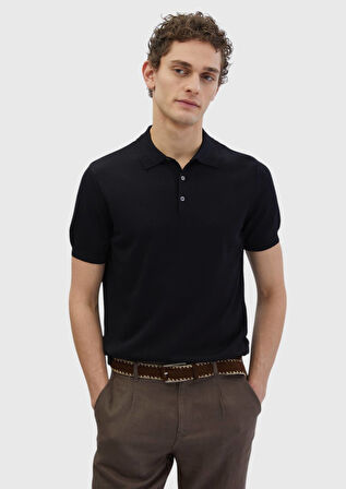 Siyah Polo Yaka Düz Örgü Triko