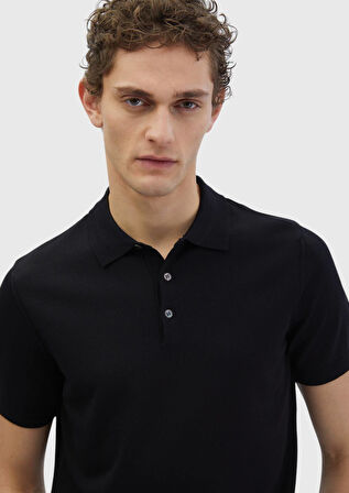 Siyah Polo Yaka Düz Örgü Triko