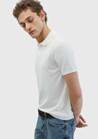 Beyaz Polo Yaka Düz Örgü Triko