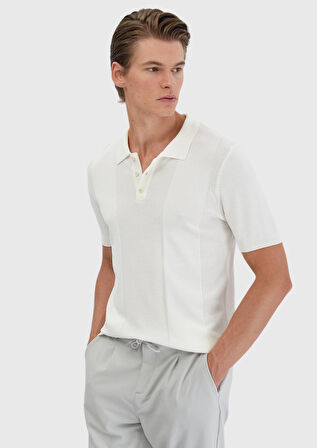 Ekru Polo Yaka Jakarlı Triko