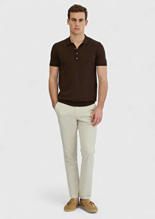 Kahverengi Polo Yaka Düz Örgü Triko