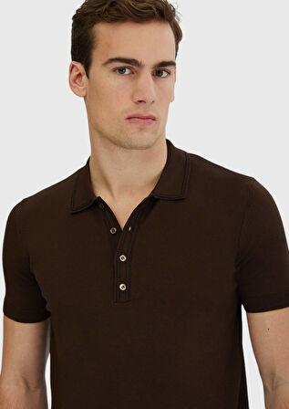 Kahverengi Polo Yaka Düz Örgü Triko