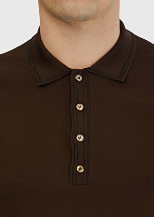 Kahverengi Polo Yaka Düz Örgü Triko