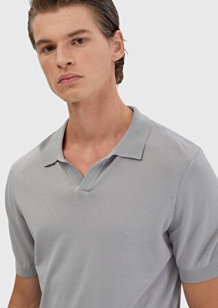 Açık Gri Polo Yaka Düz Örgü Triko