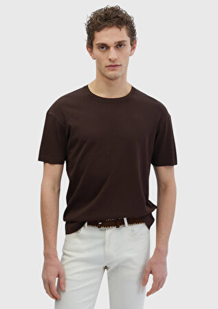 Kahverengi Bisiklet Yaka Düz Örgü Triko