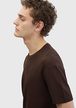 Kahverengi Bisiklet Yaka Düz Örgü Triko