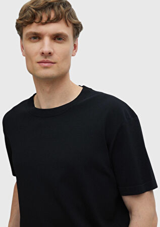 Siyah Bisiklet Yaka Düz Örgü Triko