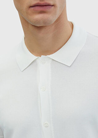 Ekru Polo Yaka Düz Örgü Hırka