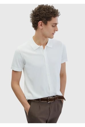 Ekru Polo Yaka Düz Örgü Hırka