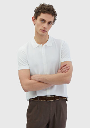 Ekru Polo Yaka Düz Örgü Hırka