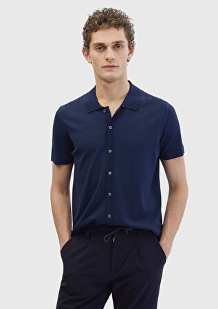 Lacivert Polo Yaka Düz Örgü Hırka