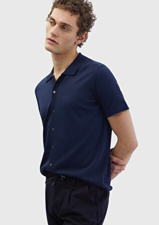 Lacivert Polo Yaka Düz Örgü Hırka