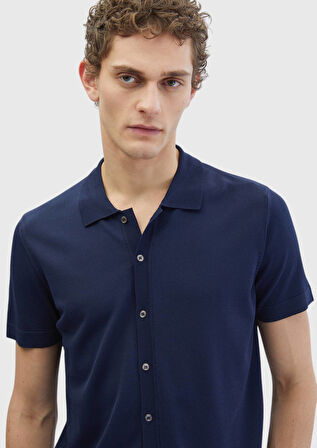 Lacivert Polo Yaka Düz Örgü Hırka