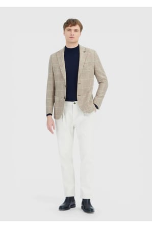 Bej Kareli Shirt Shoulder Slim Fit Yün Karışımlı Ceket