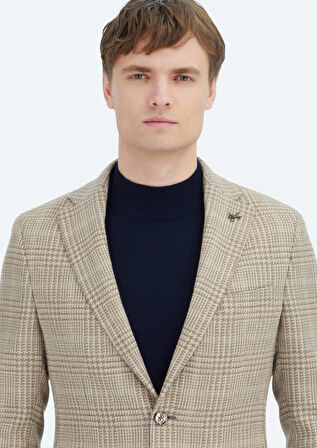 Bej Kareli Shirt Shoulder Slim Fit Yün Karışımlı Ceket