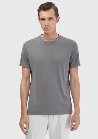 Gri Düz Bisiklet Yaka T-Shirt