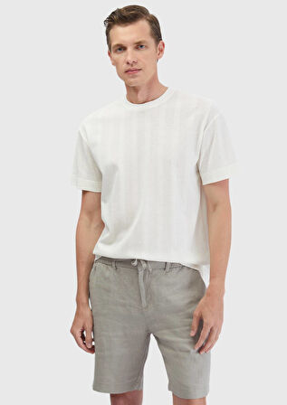 Ekru Jakarlı Bisiklet Yaka %100 Pamuk T-Shirt