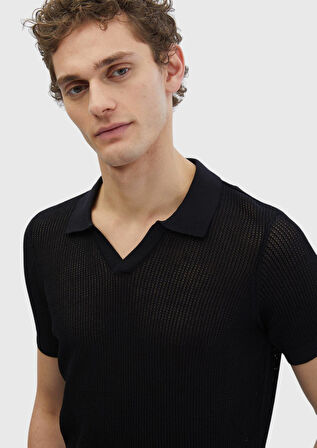 Siyah Polo Yaka Jakarlı Triko