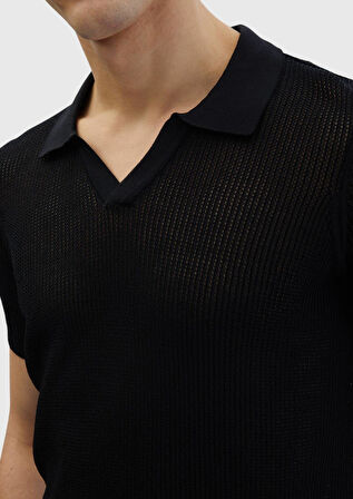 Siyah Polo Yaka Jakarlı Triko
