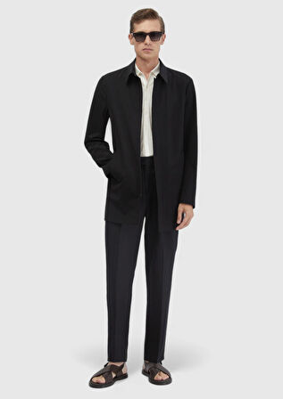 Siyah Regular Fit Gömlek Yaka Casual Dokuma Pardesü