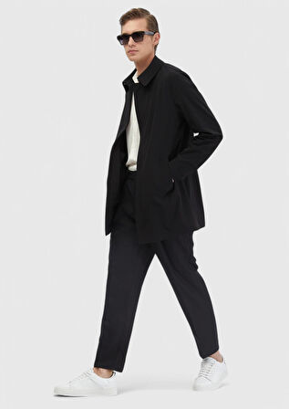 Siyah Regular Fit Gömlek Yaka Casual Dokuma Pardesü