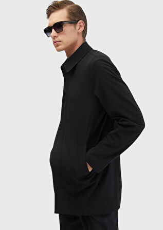 Siyah Regular Fit Gömlek Yaka Casual Dokuma Pardesü
