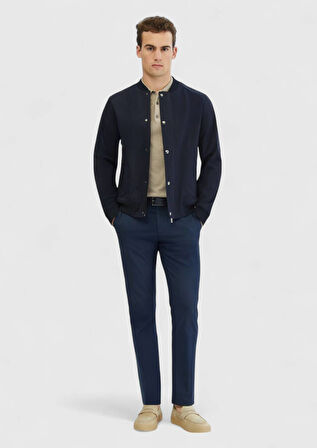 Lacivert Regular Fit Dik Yaka Casual Dokuma Mont