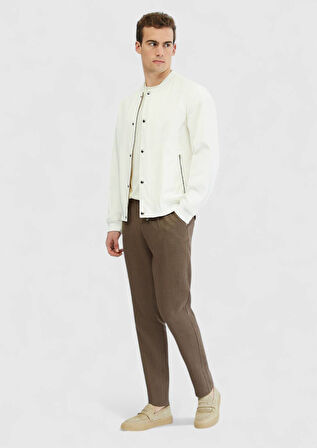 Ekru Regular Fit Dik Yaka Casual Dokuma Mont